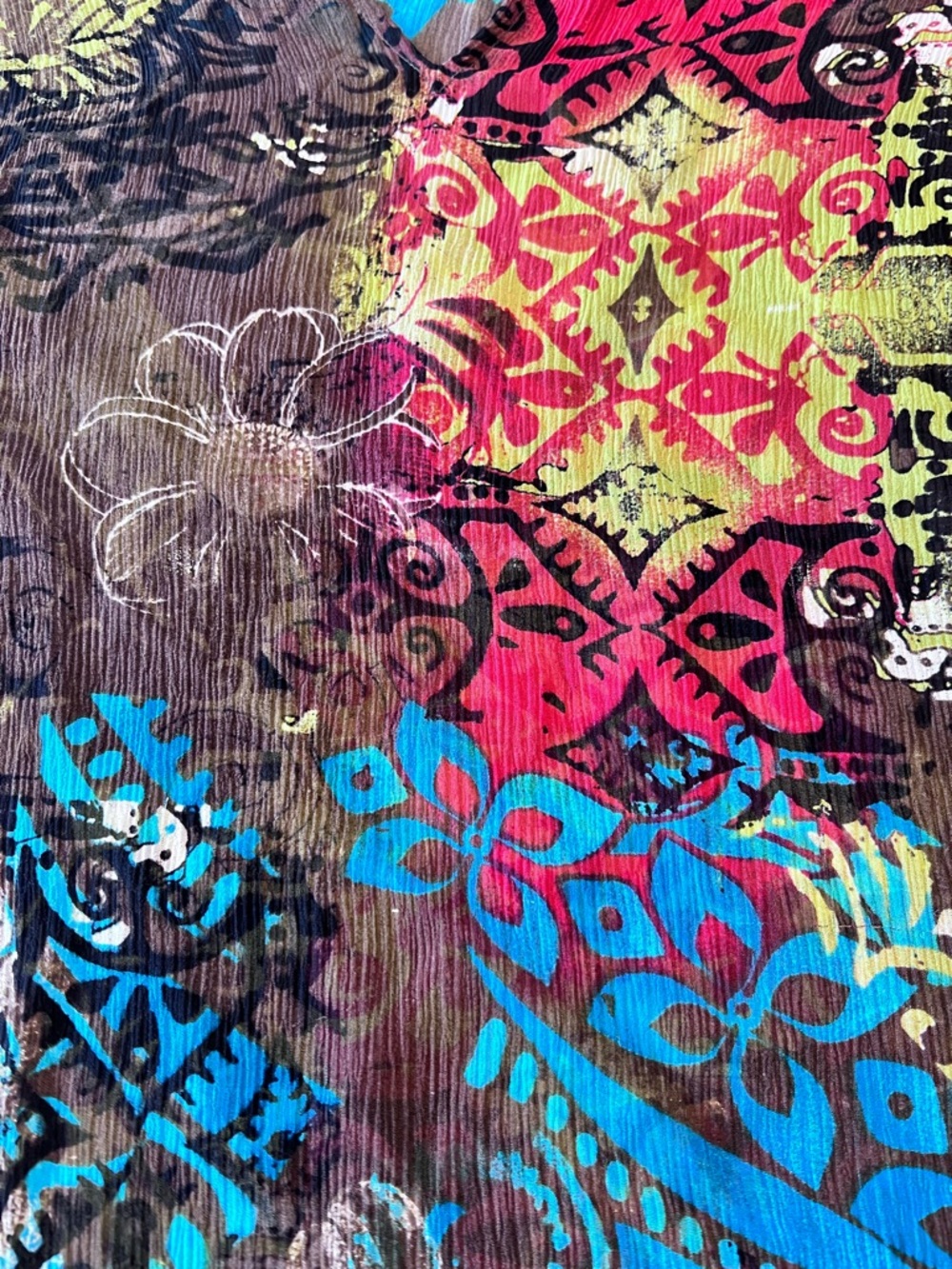 Chico’s 100%Silk Sheer tunic V-neckline 3/4 sleeves Floral Geometric Sz 3 XL 16 - Picture 8 of 9